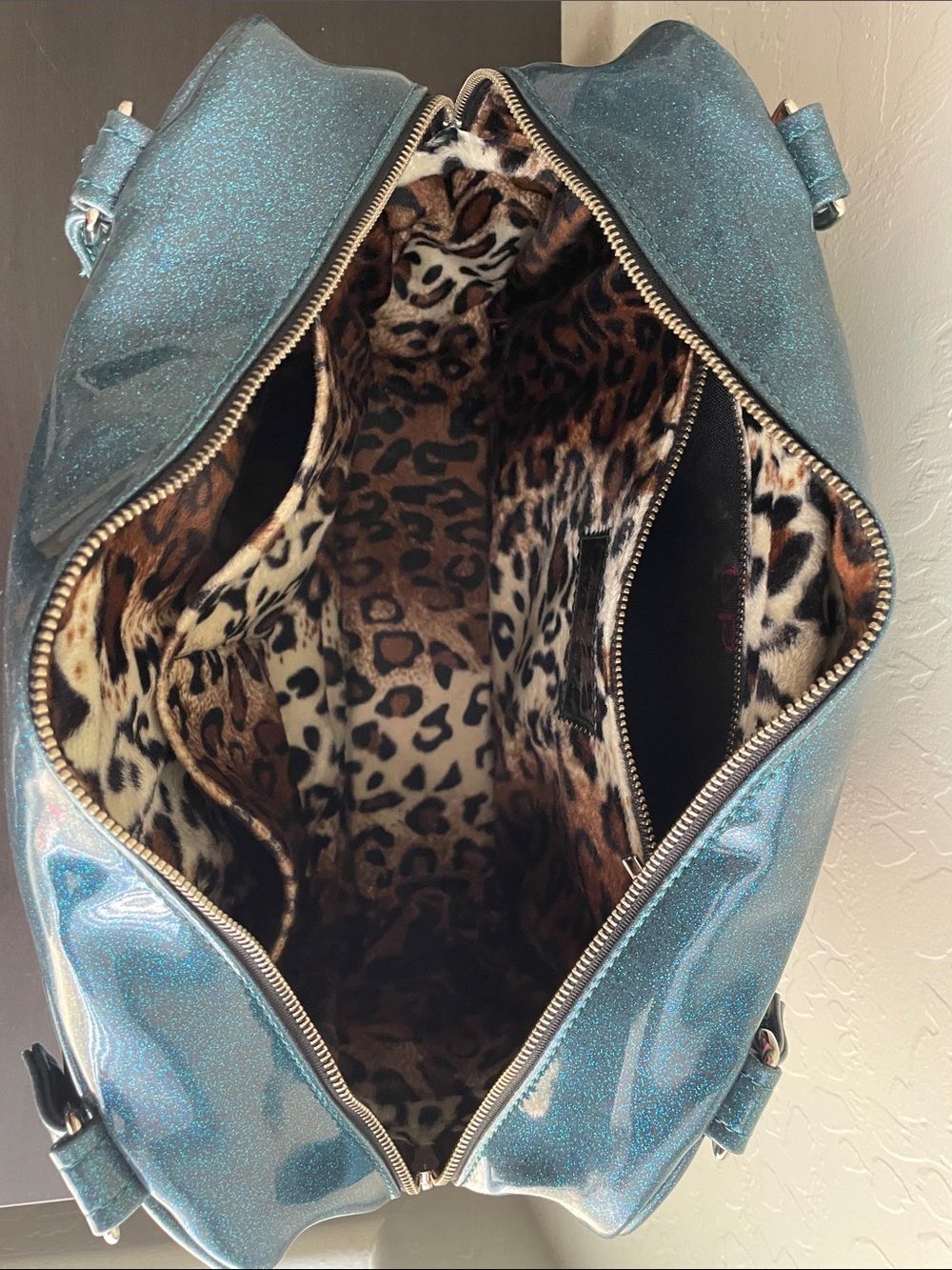 Trophy Queen Metallic Teal Shoulder Bag with Multicolor Stripe Front - Picture 6 of 7